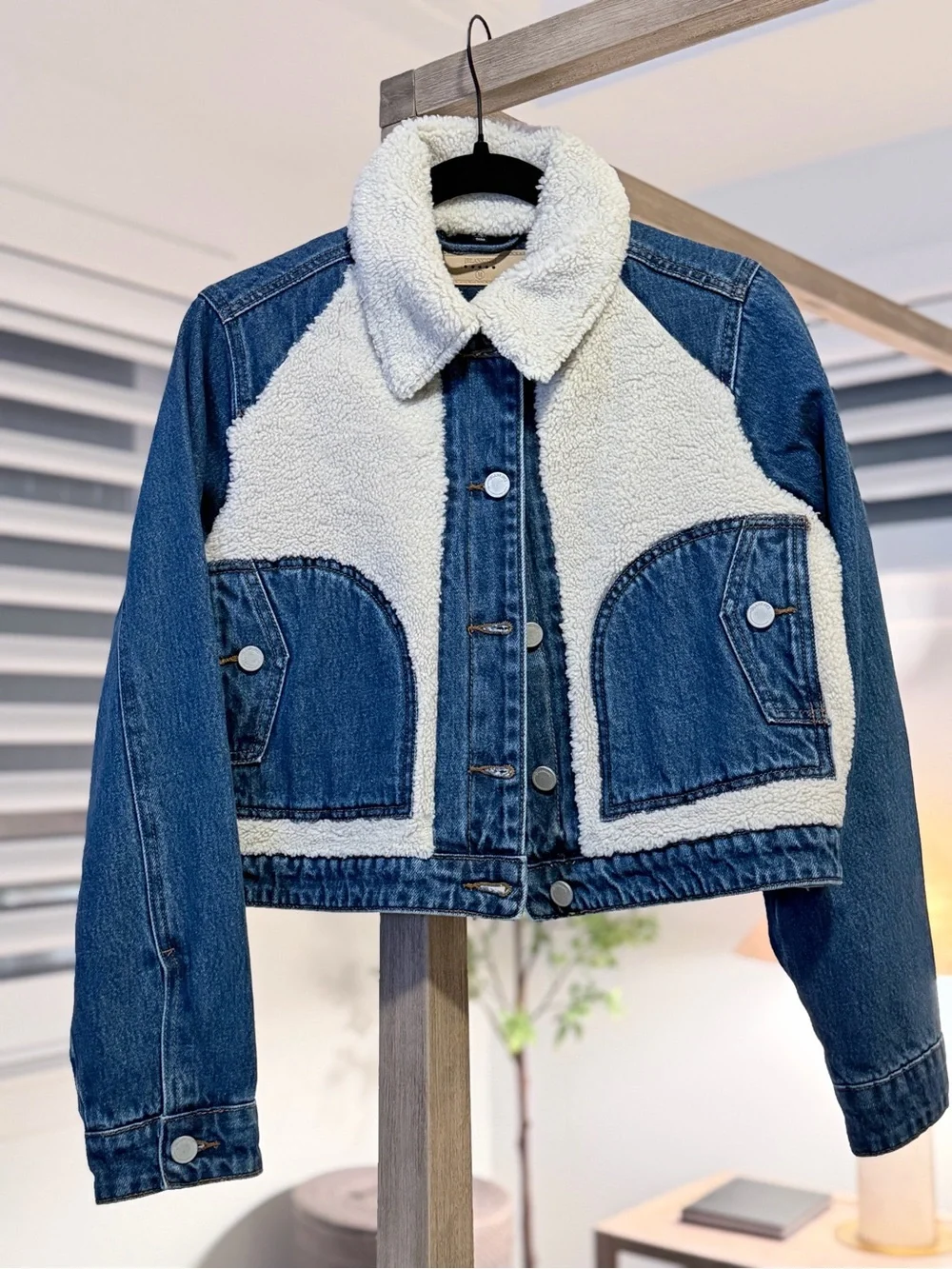 Blank NYC Blue Denim Jacket with Cream Sherpa Panels